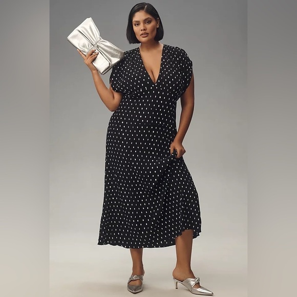 En Saison Dresses & Skirts - En Saison Darlene Midi Dress Polka Dot Black White Tie Back Deep V | Plus 3X